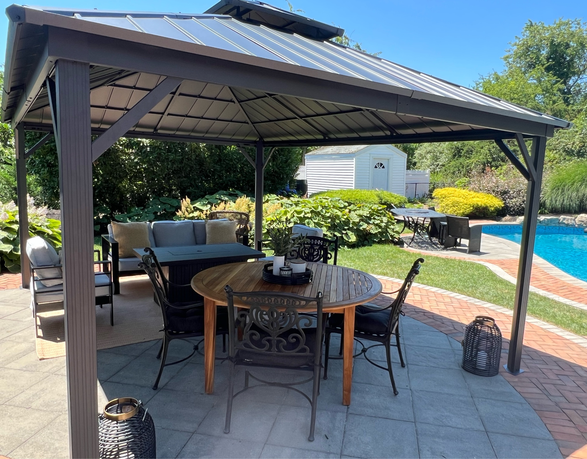 This gazebo gives great shade and came with good directions. It did take my husband 2 days to put together but it was worth it! 
I added this outdoor set with fire table and dining table for a great sitting area. 
#outdoorset #outdoor 

#LTKSeasonal