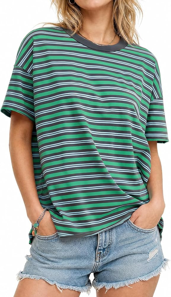Fisoew Womens Oversized Striped T-Shirts Summer Short Sleeve Casual Color Block Tops Workout Basi... | Amazon (US)
