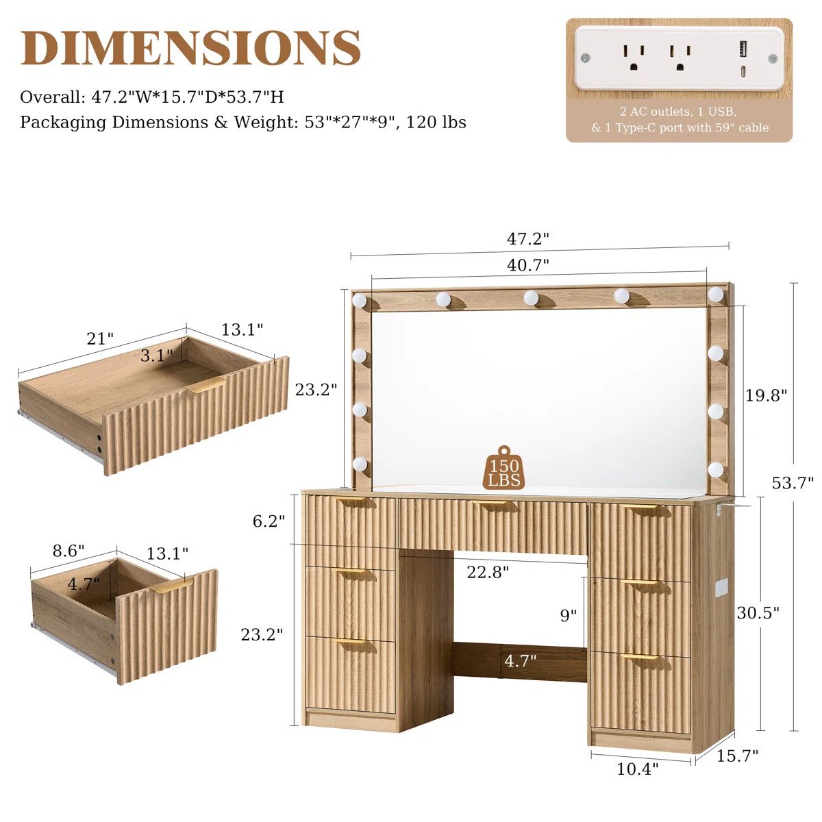 47" Large Natural Fluted Vanity Desk With Mirror & Adjustable Led Lights | Wayfair North America