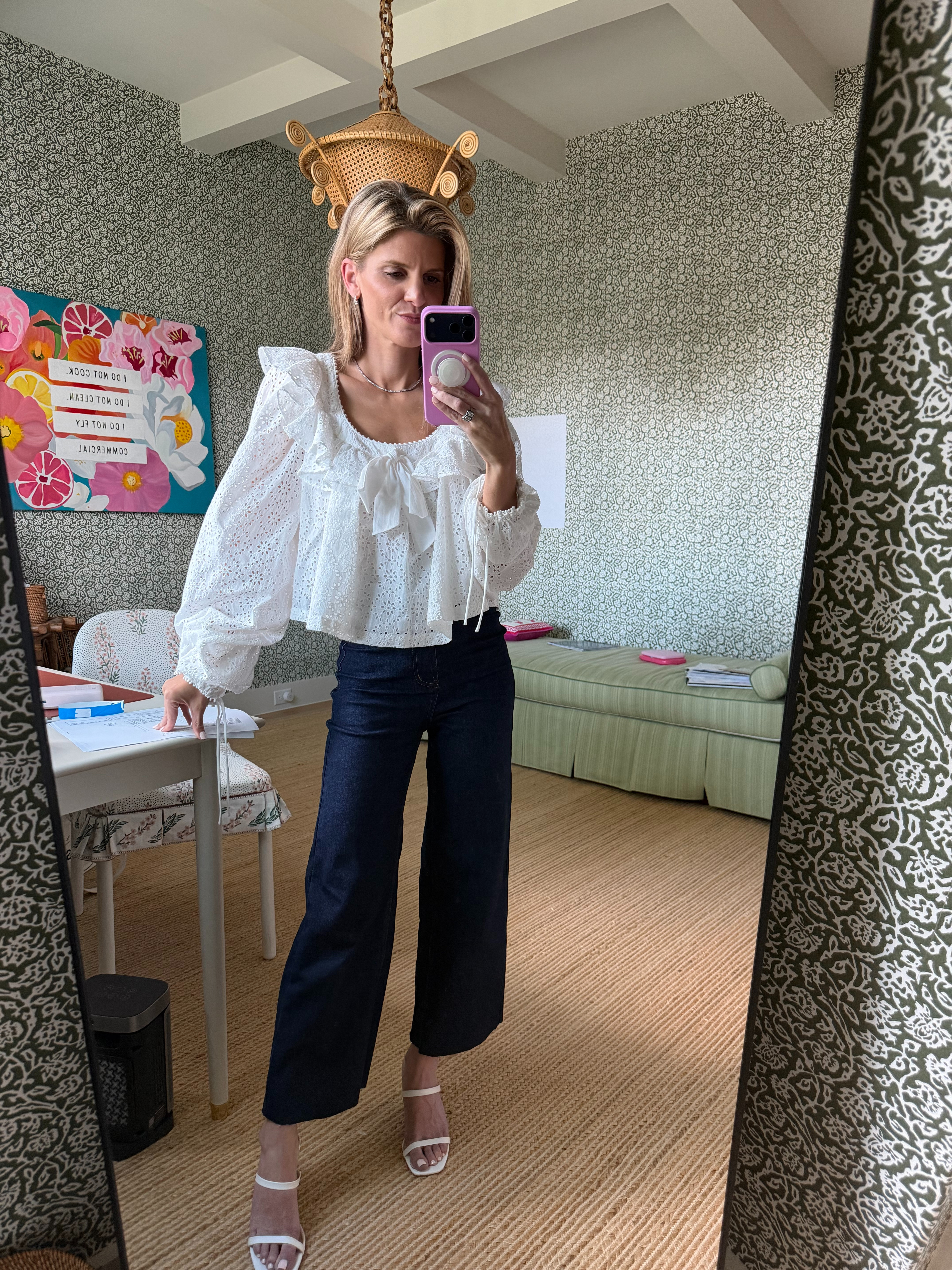 For love & lemons white eyelet blouse (XS) and Amazon jeans! 