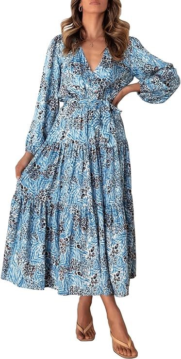 MITILLY Women's Boho Leopard Print Ruffle Long Sleeve V Neck Casual Flowy Party Maxi Dress | Amazon (US)