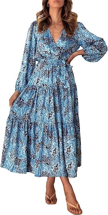 MITILLY Women's Boho Leopard Print Ruffle Long Sleeve V Neck Casual Flowy Party Maxi Dress | Amazon (US)