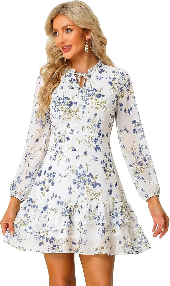 Women's Spring Dresses 2026 Tie V Neck Semi Sheer Long Sleeve Layered Tiered Chiffon Mini Floral ... | Amazon (US)