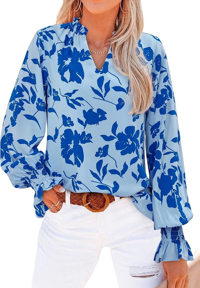 MASCOMODA Womens Boho Floral Long Sleeve Loose Chiffon Blouses | Amazon (US)