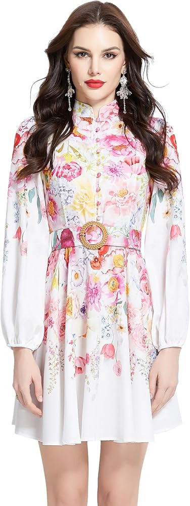LAI MENG FIVE CATS Women's Lantern Sleeve Floral Print Button up Casual A-line Mini Dress | Amazon (US)