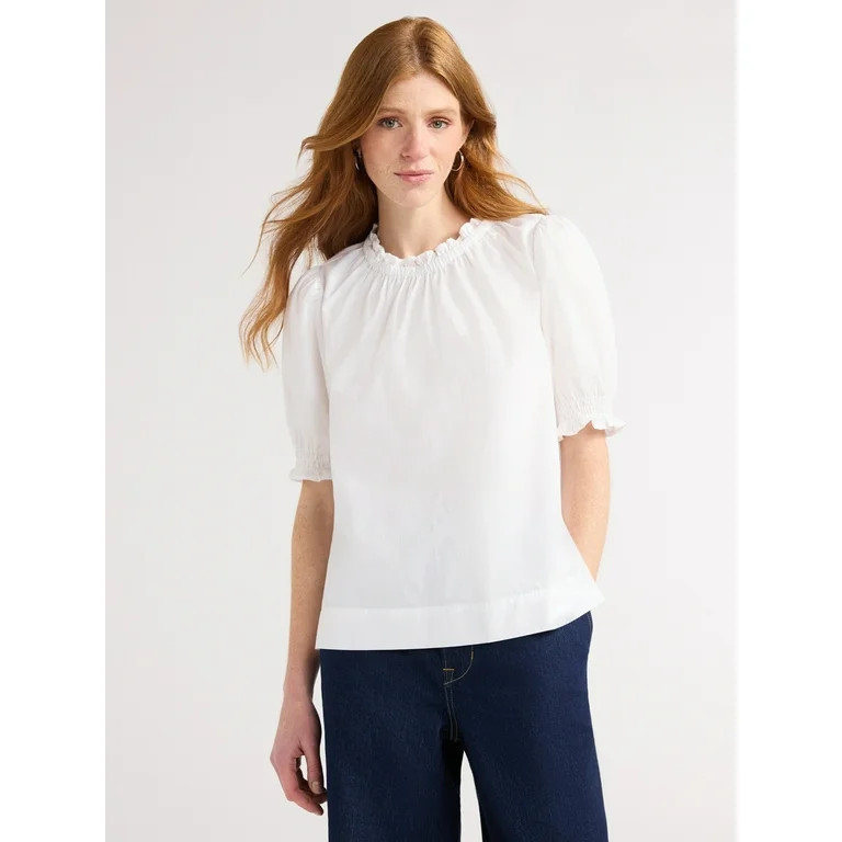 Free Assembly Women's Cotton Ruffle Top with Puff Sleeves, White, Sizes XS-XXL - Walmart.com | Walmart (US)