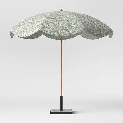 8.5' Round Scalloped Spring Floral Patio Umbrella DuraSeason Fabric™ Green - Light Wood Pole - ... | Target