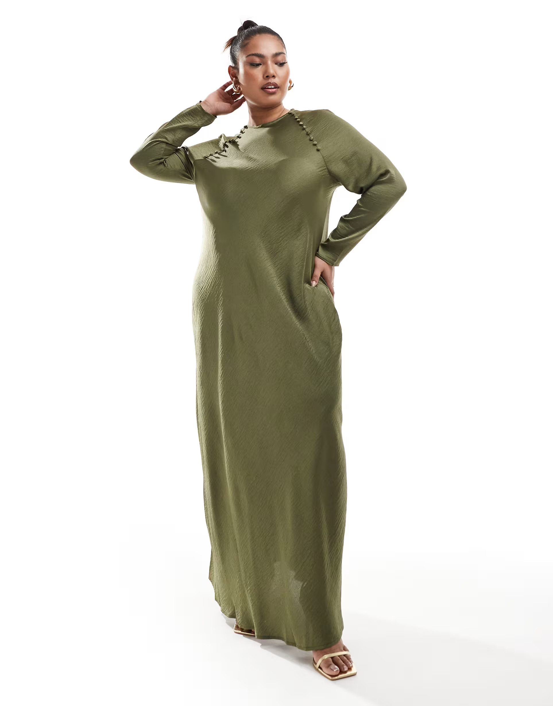 ASOS DESIGN Curve satin biased maxi dress with button detail in khaki | ASOS (Global)