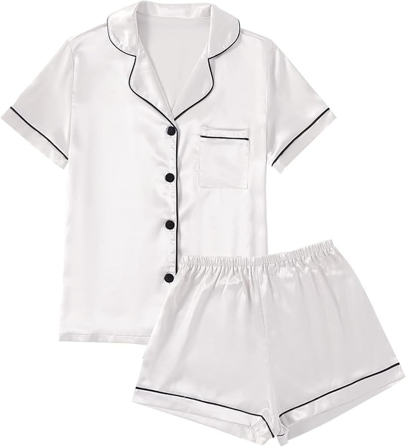 LYANER Women's Satin Pajamas Set Short Sleeve Button Shirt Silky Sleepwear with Shorts Set PJ | Amazon (US)