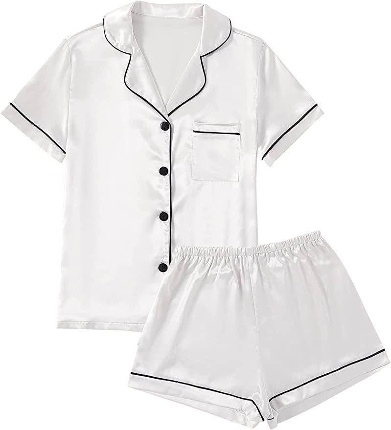 LYANER Women's Satin Pajamas Set Short Sleeve Button Shirt Silky Sleepwear with Shorts Set PJ | Amazon (US)