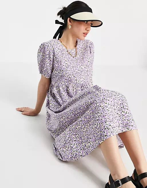Vero Moda organic cotton midi smock dress with puff sleeve in lilac ditsy floral | ASOS (Global)