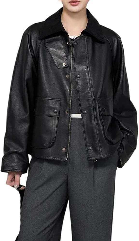 Women's Smooth Leather Coat - Loose, Soft Zippered Cropped Leather Jacket | Amazon (US)