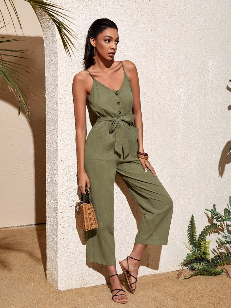 Dual Pocket Half Button Belted Cami Wide Leg Jumpsuit | SHEIN