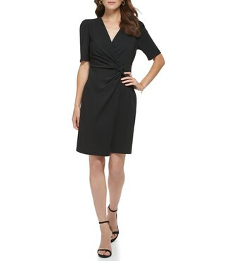 Surplice V-Neck Short Puffed Sleeve Twisted Waist Stretch Faux Wrap Dress | Dillard's