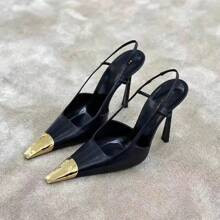 Sandalias de tacón de aguja alto de punta metálica para mujer, zapatos de piel de patente negra de puntera cuadrada de moda | SHEIN