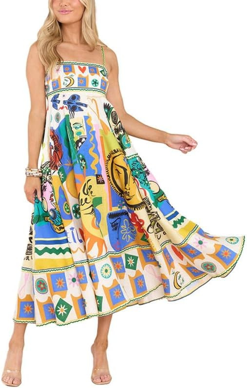 ROAONOCOMO Women Boho Graffiti Cami Long Dress Graphic Spaghetti Strap Flowy Swing Maxi Dress Cut... | Amazon (US)