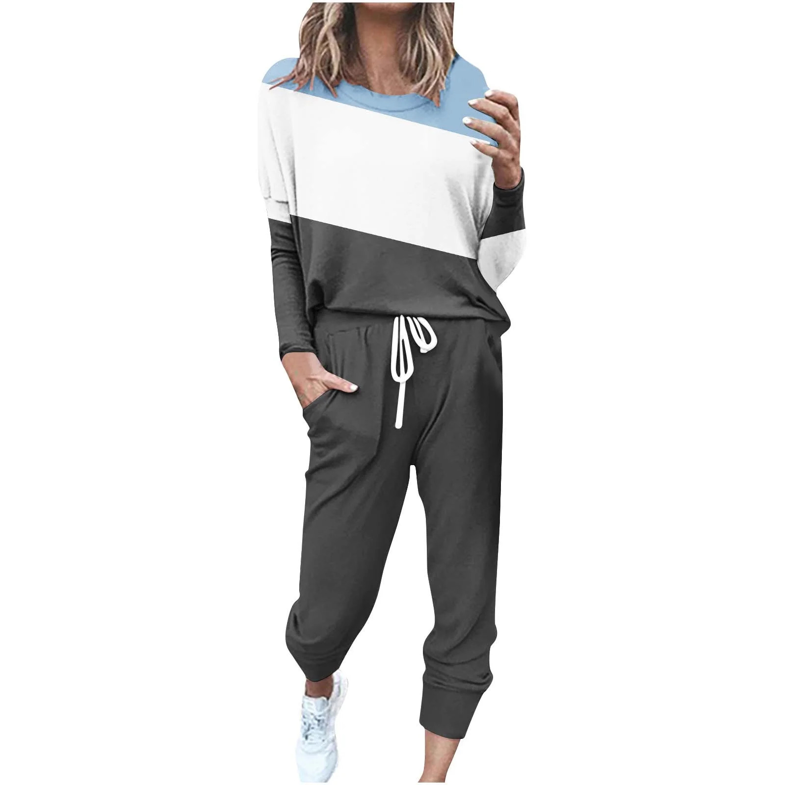ATOYSOY Women's Two Piece Outfits Activewear Color Blocked Tracksuits Tops Drawstring Joggers Pan... | Walmart (US)