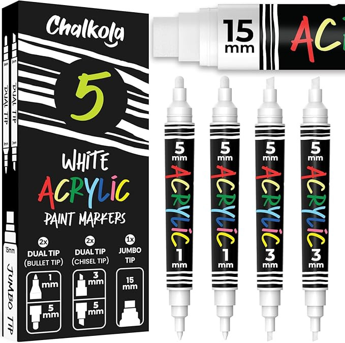 Chalkola 5 Acrylic White Paint Pen - Dual Tip Fine & Jumbo Size Ink Pens (1mm, 3mm, 5mm,15mm) | P... | Amazon (CA)