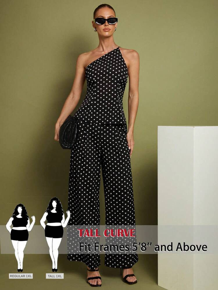 SHEIN Tall CURVE CURVE Plus Size Women's Tall Vintage Elegant Polka Dot Sleeveless Top & Wide Leg Pants 2-Piece Set,Black And White,Summer,Party,High-Waisted | SHEIN