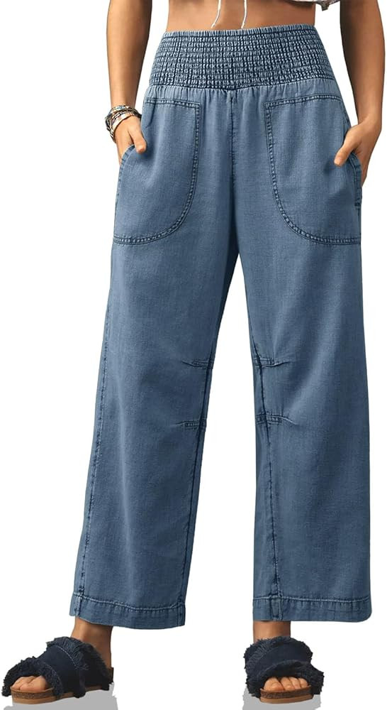 Cicy Bell Womens Smocked Barrel Jeans Casual Trendy High Waisted Baggy Pull On Denim Pants | Amazon (US)