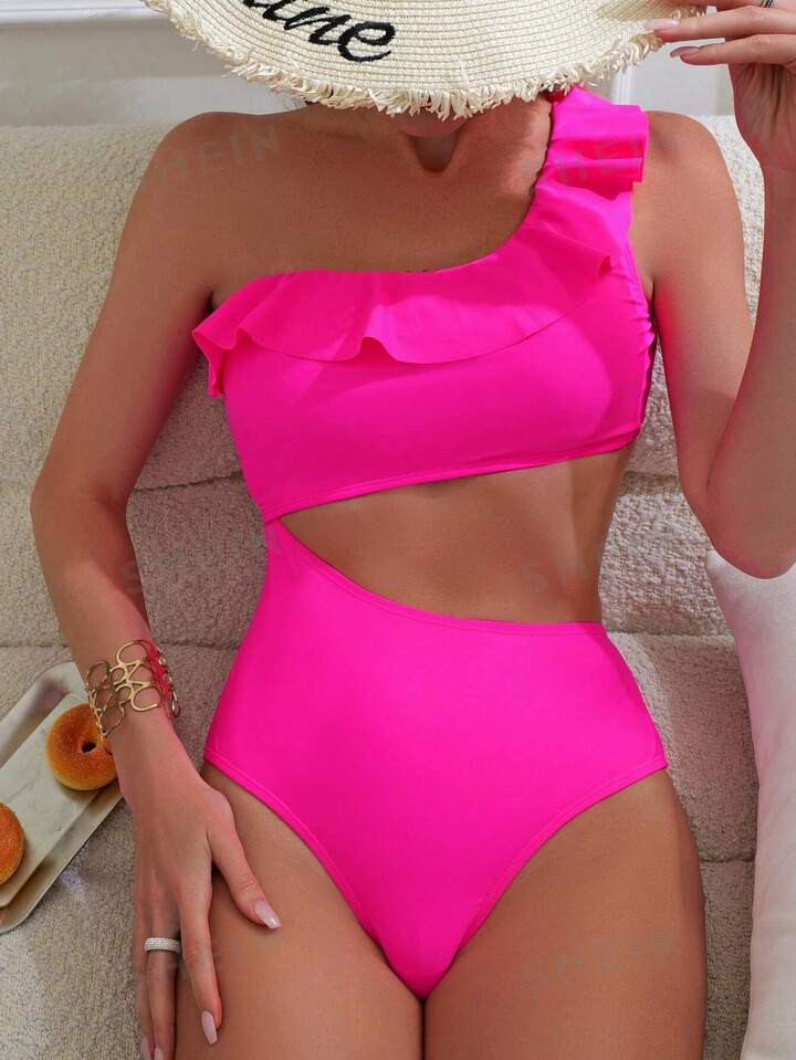 SHEIN Swim Summer Beach Cut Out Ruffle Trim One Shoulder One Piece Swimsuit | SHEIN