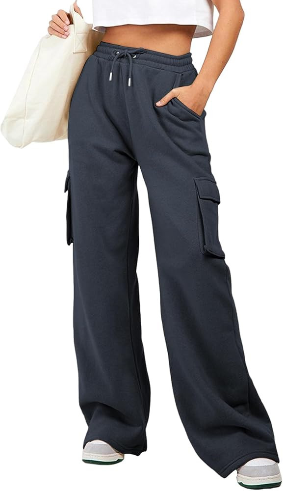 Aleumdr Women High Waisted Drawstring Wide Leg Cargo Pants 2025 Trendy Casual Baggy Joggers Pants... | Amazon (US)