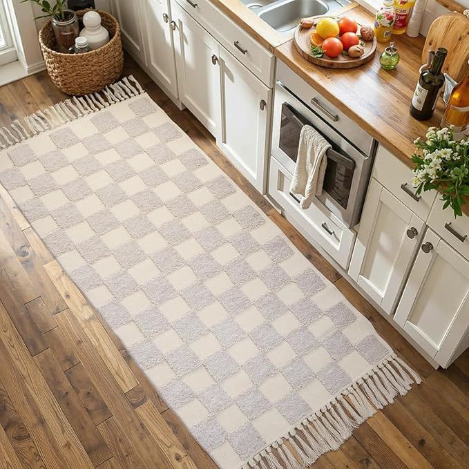 Boho Bathroom Rugs Beige Checkered Runner with Tassels, Boho Bath Mat Kitchen Runner Rug Washable... | Amazon (US)