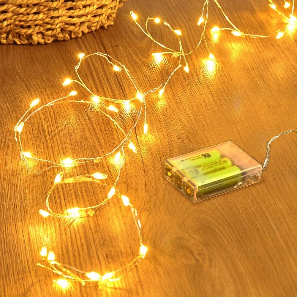 2 Pack Fairy Lights Battery Operated, Twinkle String Lights Waterproof Silver Wire 5 Feet 60 Led ... | Amazon (US)