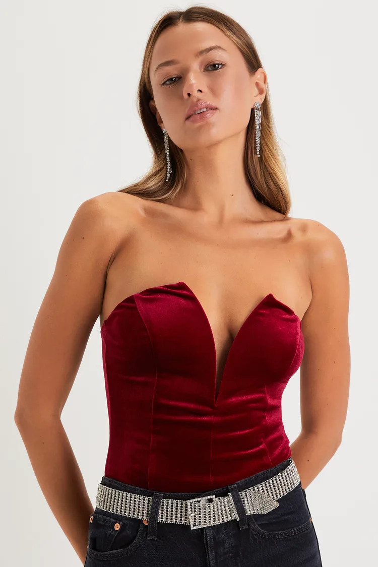 Babe Alert Wine Red Velvet Notched Strapless Bodysuit | Lulus