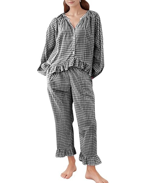 Flygo Womens Plaid Pajamas Sets 2 Piece Cotton Pj Set Puff Sleeve Ruffle Babydoll Shirt Gingham P... | Amazon (US)