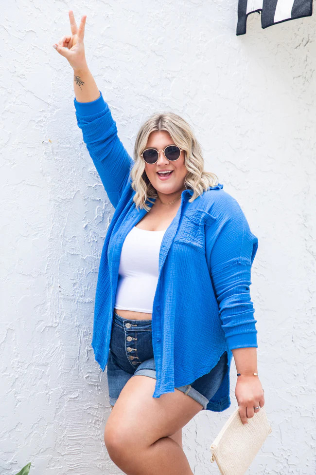 Let Me Adore You Cobalt Blue Button Front Gauze Blouse | Pink Lily