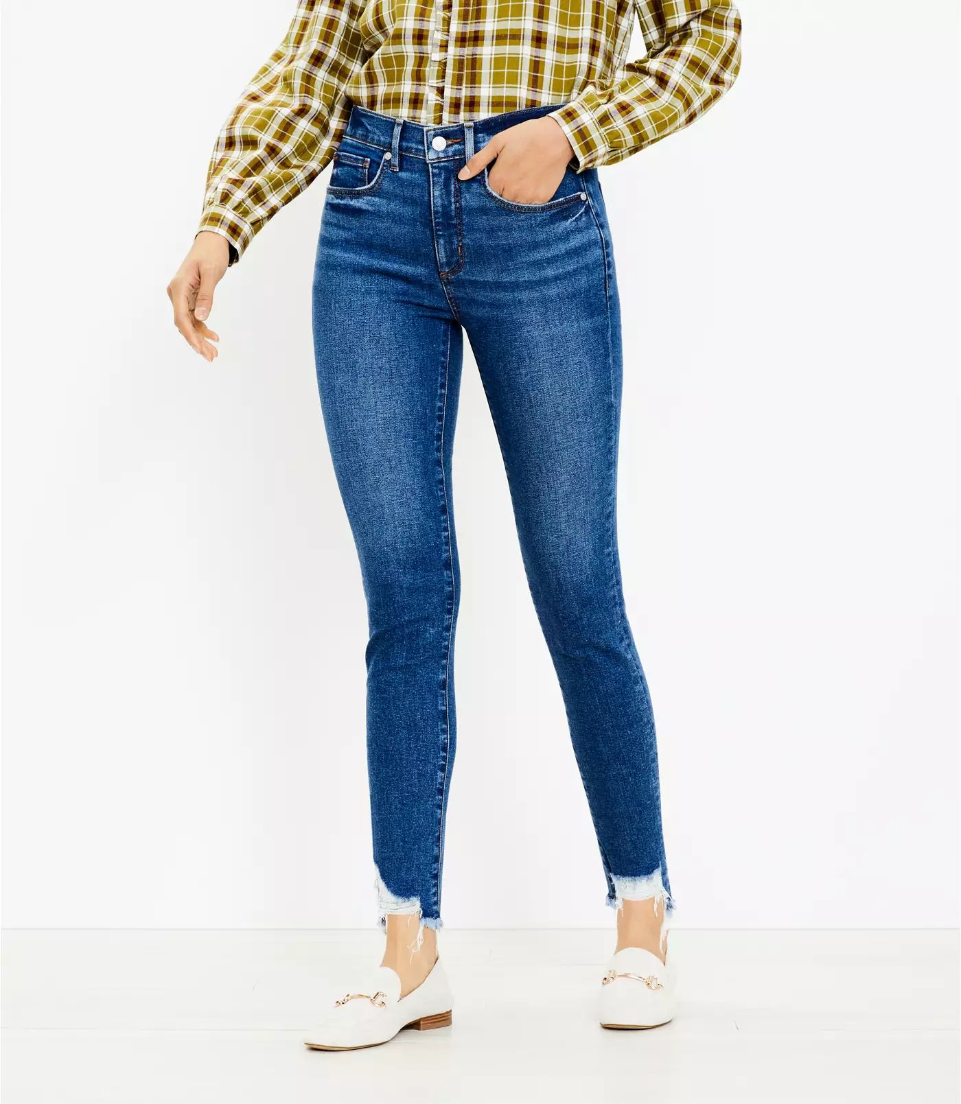 Chewed Hem Mid Rise Skinny Jeans in Original Mid Indigo Wash | LOFT