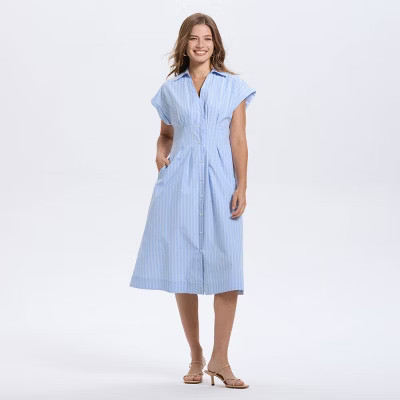 Women's Short Sleeve Pleated Midi Shirtdress - A New Day™ Blue Striped XL | Target