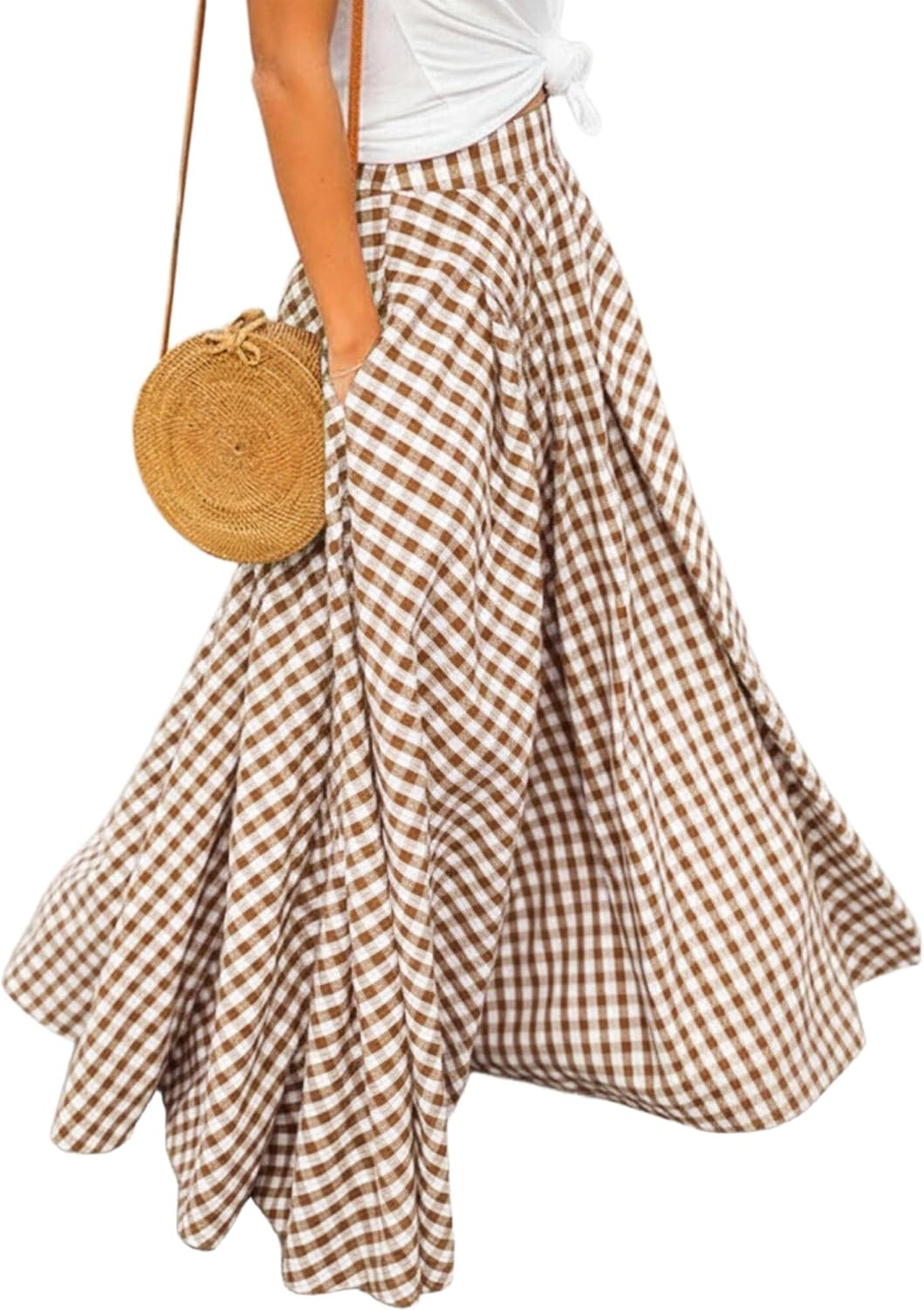 Women's Gingham Plaid Maxi Skirt High Waist A-Line Pleated Long Skirt | Amazon (US)