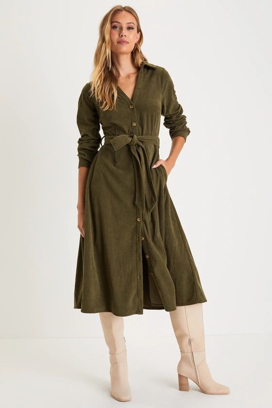 Casual Affection Olive Green Corduroy Midi Dress with Pockets | Lulus (US)