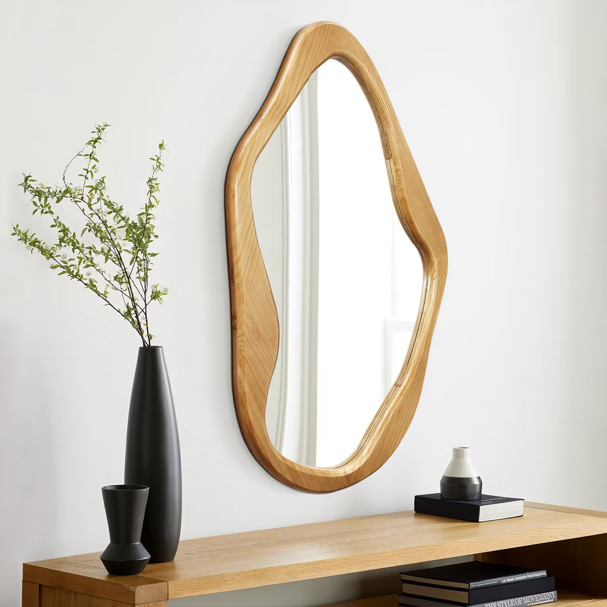 LuxenHome Natural Pine Wood Frame Irregular Asymmetrical Wall Mirror Brown | Target