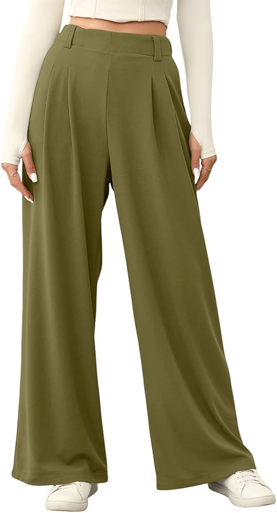 EVALESS Women's Wide Leg Pants Elastic High Waisted Waffle Knit Casual Palazzo Pants Trousers wit... | Amazon (US)