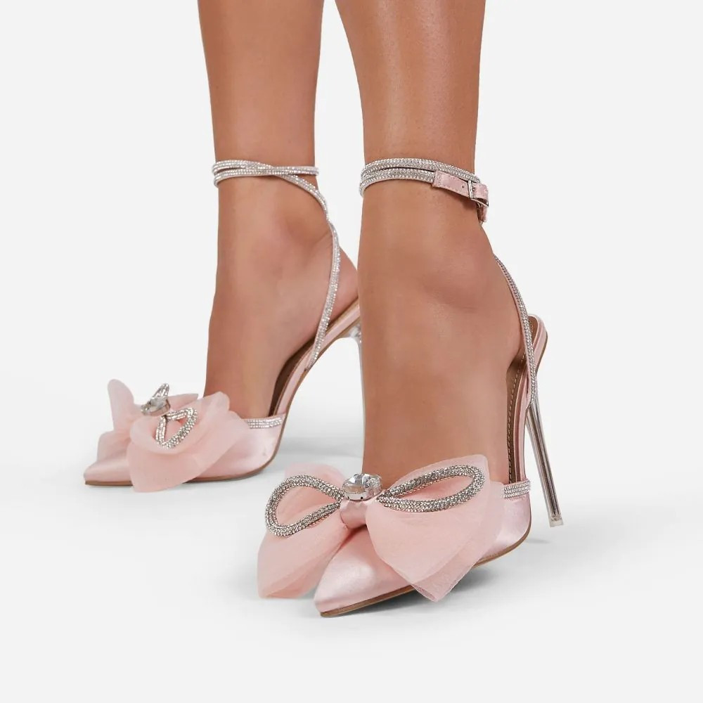 Chriselle Bow Detail Diamante Lace Up Clear Perspex Heel In Pink Satin | EGO Shoes (US & Canada)
