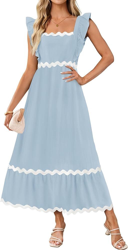 ZESICA Women's Summer Sleeveless Ruffle Dresses 2024 Square Neck Backless Boho Flowy Maxi Sundres... | Amazon (US)