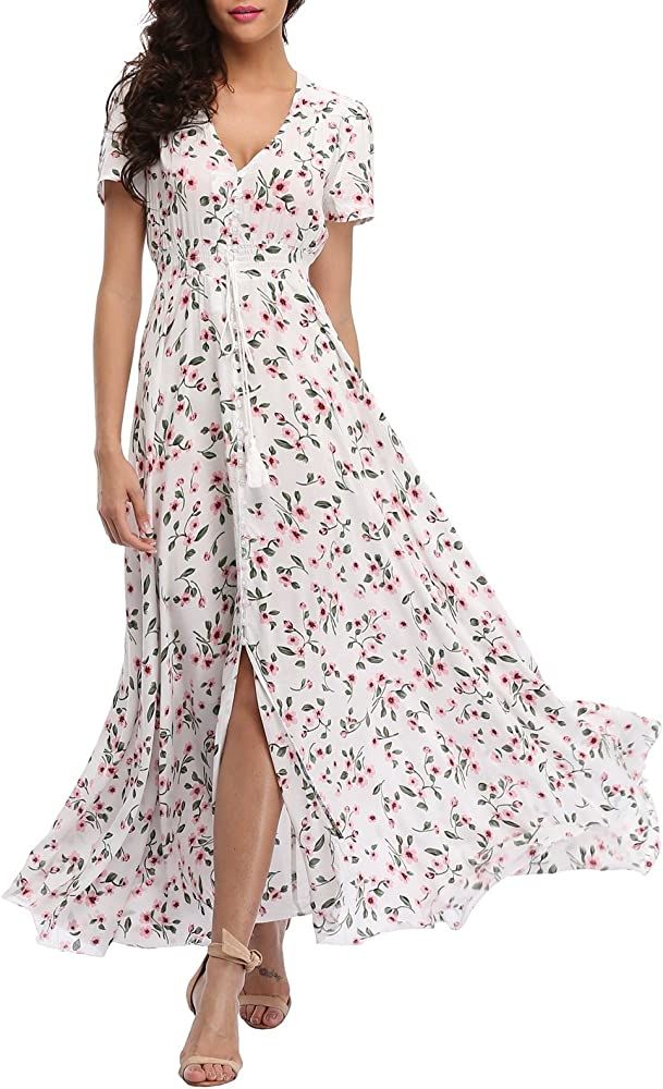 Women's Floral Maxi Dresses Boho Button Up Split Beach Party Dress | Amazon (US)