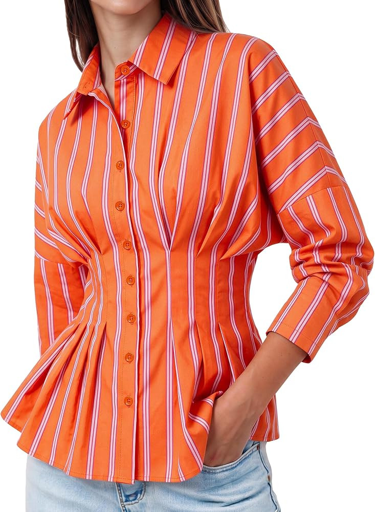 Tankaneo Womens Striped Button Down Shirt Cinched Waist Office Blouse | Amazon (US)