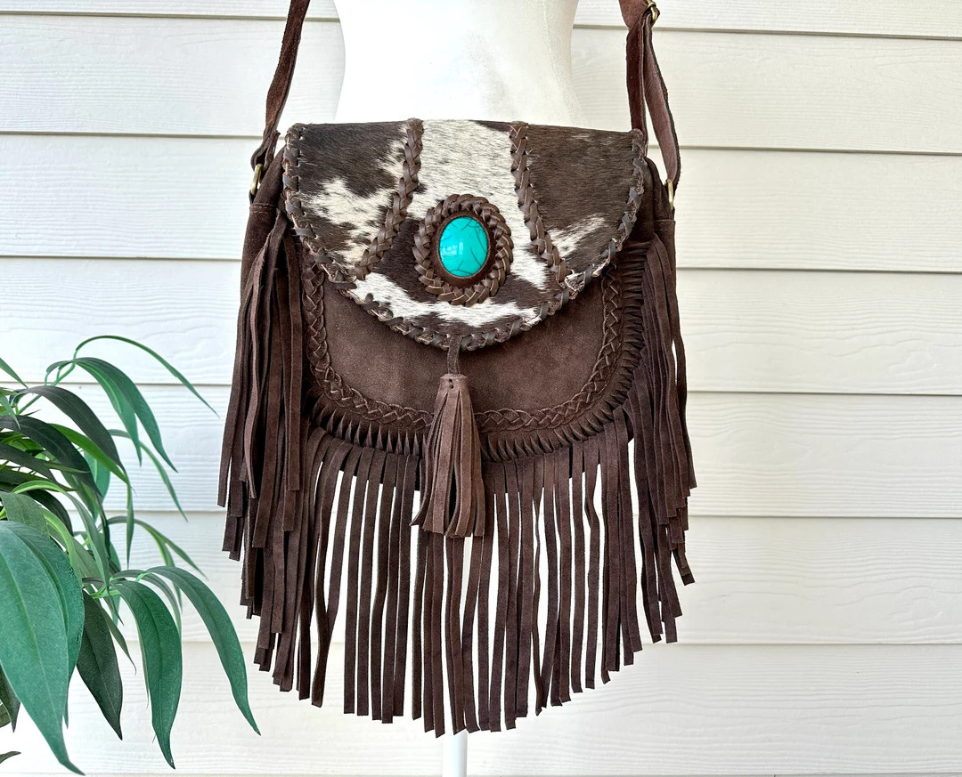 Cowhide Crossbody Bag With Fringes Western Purse Turquoise Handbag Brown Black Leather Real Hair ... | Etsy (US)