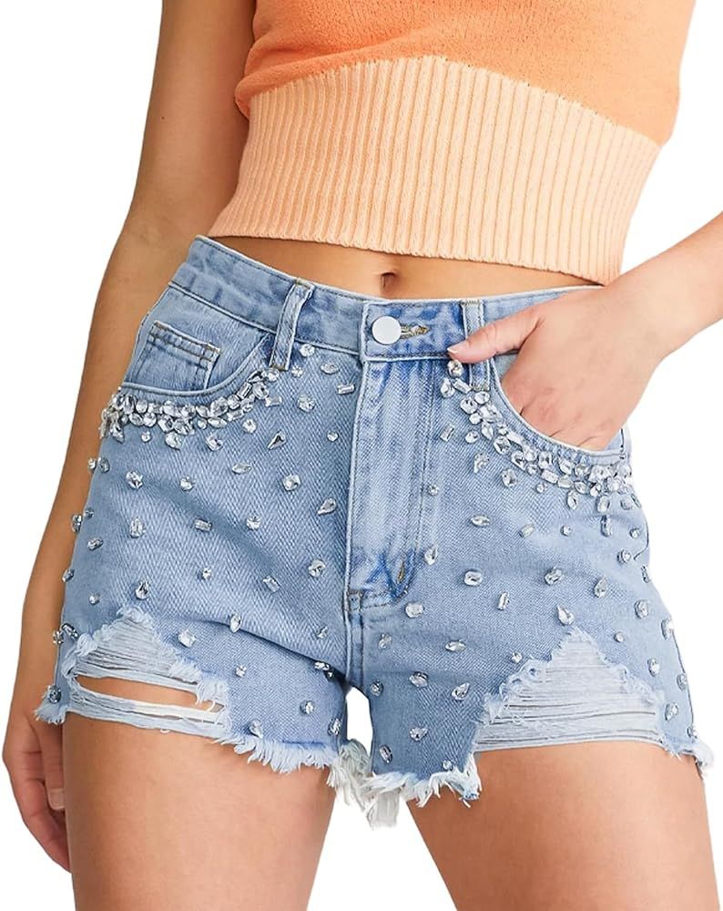 Women's Rhinestone Denim Shorts Summer High Waist Frayed Raw Hem Jeans Shorts | Amazon (US)