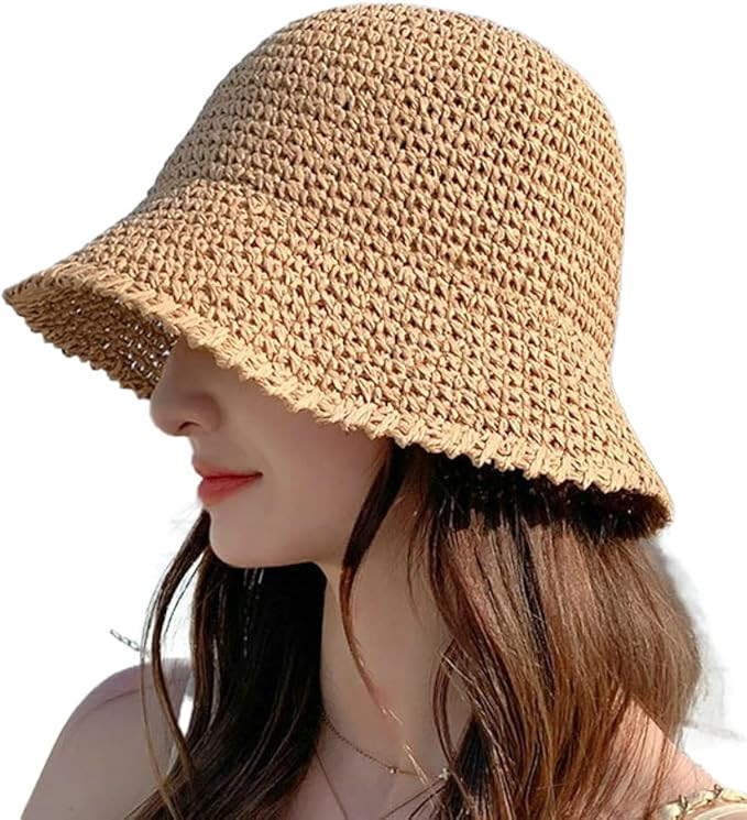 Womens Sun Bucket Straw Hats Foladable Summer Beach Hat Portable Fishing Hat Womens Beach Sunhat | Amazon (US)