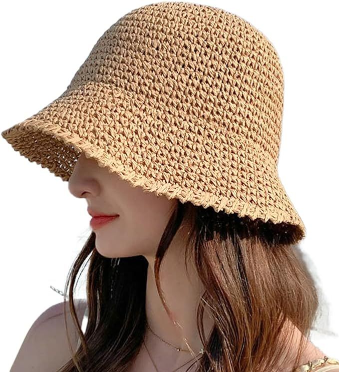 Womens Sun Bucket Straw Hats Foladable Summer Beach Hat Portable Fishing Hat Womens Beach Sunhat | Amazon (US)