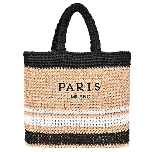 OWGSEE Large Straw Beach Bag for Women Summer Woven Shoulder Tote Bag Straw Purses and Handbags for Vacation (Black) | Amazon (US)