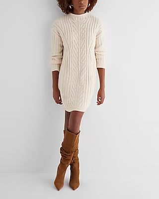 Cable Knit Mock Neck Long Sleeve Mini Sweater Dress | Express