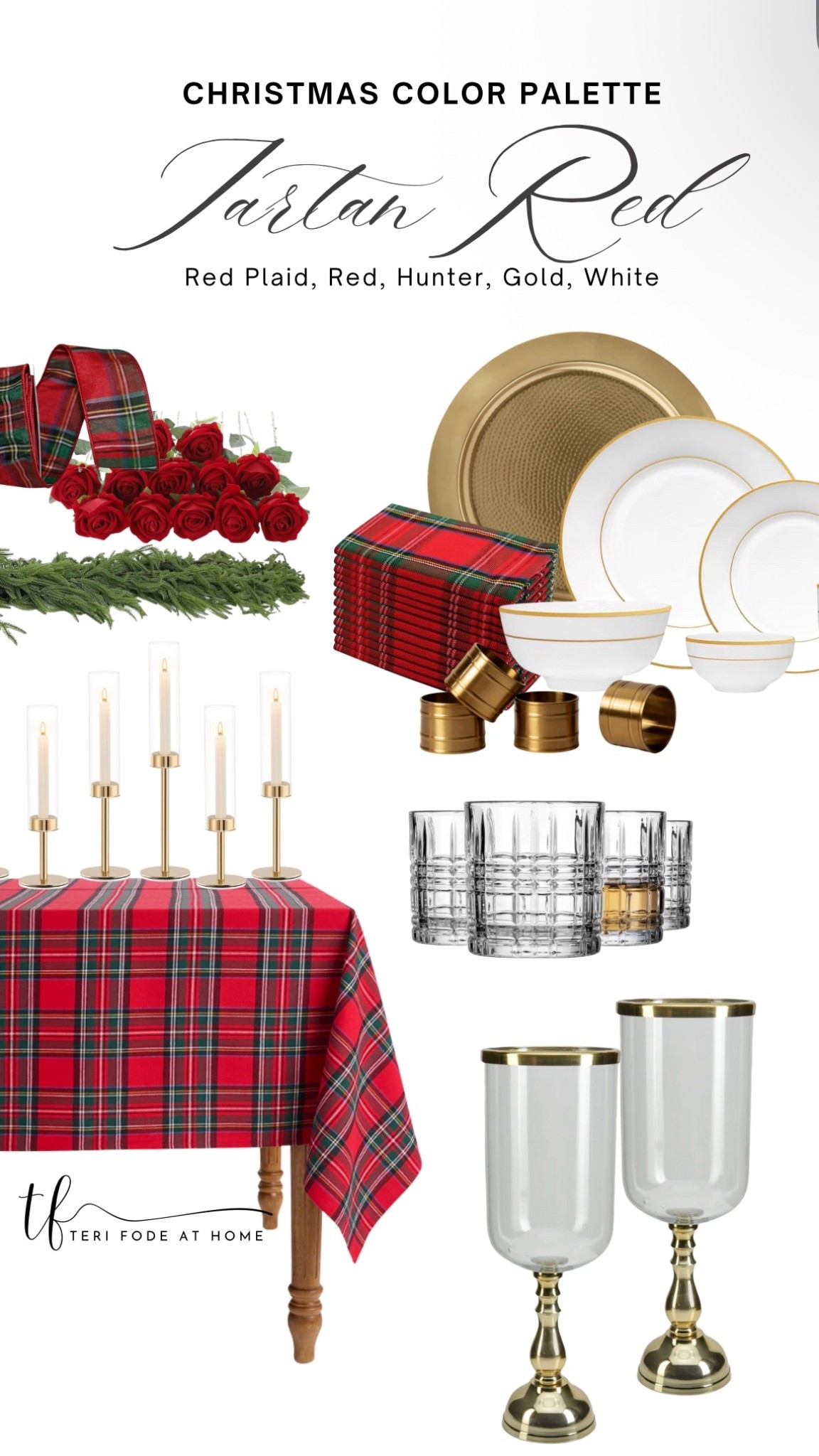 A Ralph Lauren Christmas table with red tartan! Let’s set a classic table with a red tartan table runner or red tartan table cloth, red plaid napkins, hurricane candle holders, gold chargers and gold rimmed dishes, gold napkin rings and cut glass high ball glassware.

#LTKHome #LTKSeasonal #LTKHoliday