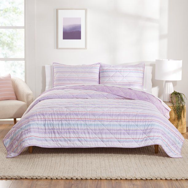 Gap Home Lavender Stripe Reversible Organic Cotton Blend Quilt, Full/Queen - Walmart.com | Walmart (US)