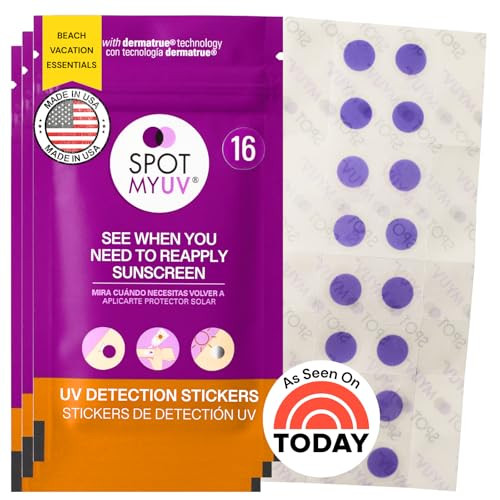 SpotMyUV UV Detection Stickers for Sunscreen with Patented Dermatrue SPF Sensing Technology, Know When to Reapply Sunscreen to Help Prevent Sunburn, 48 Count | Amazon (US)
